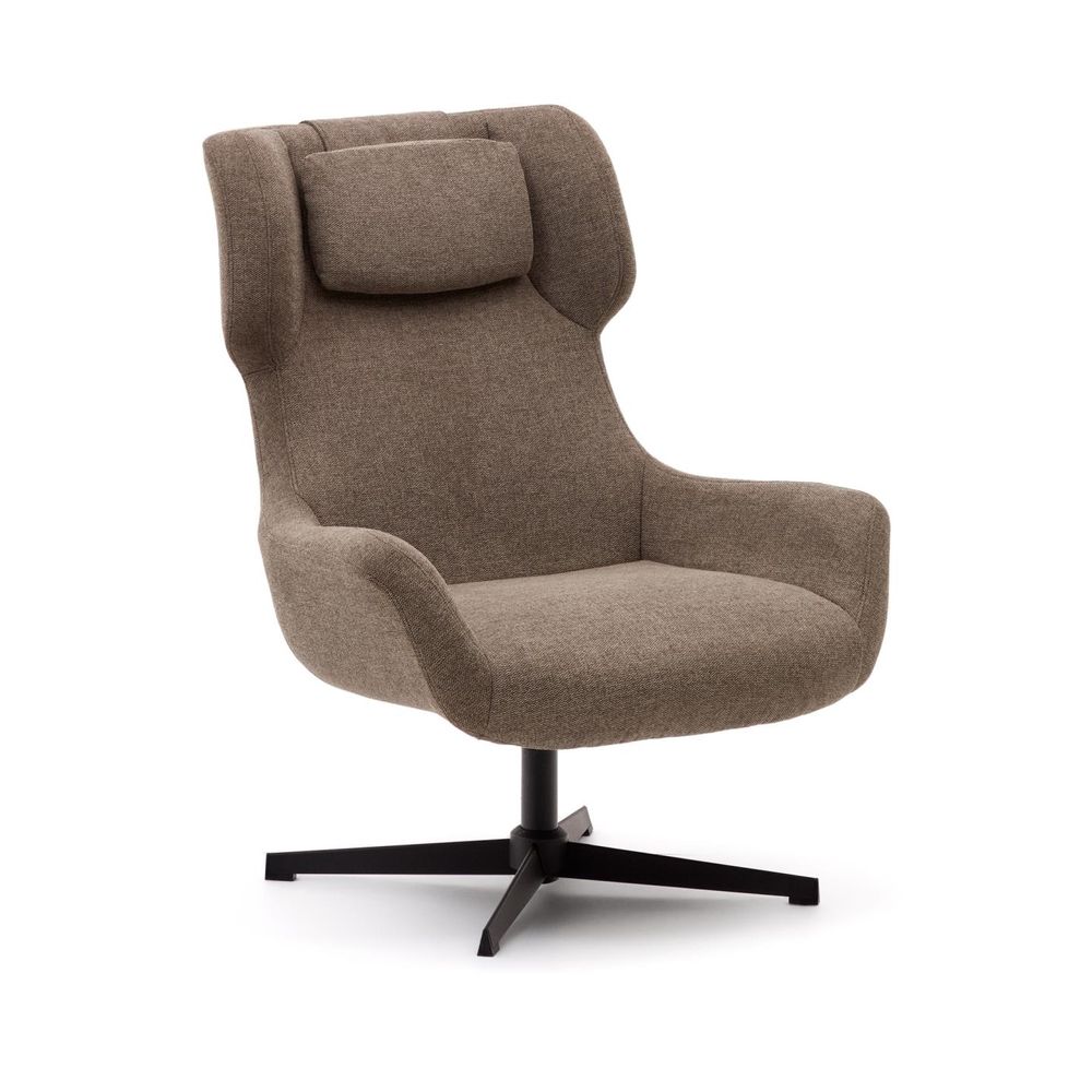 Fauteuil ZALINA, lichtbruin stoffen bekleding op zwarte draaivoet.