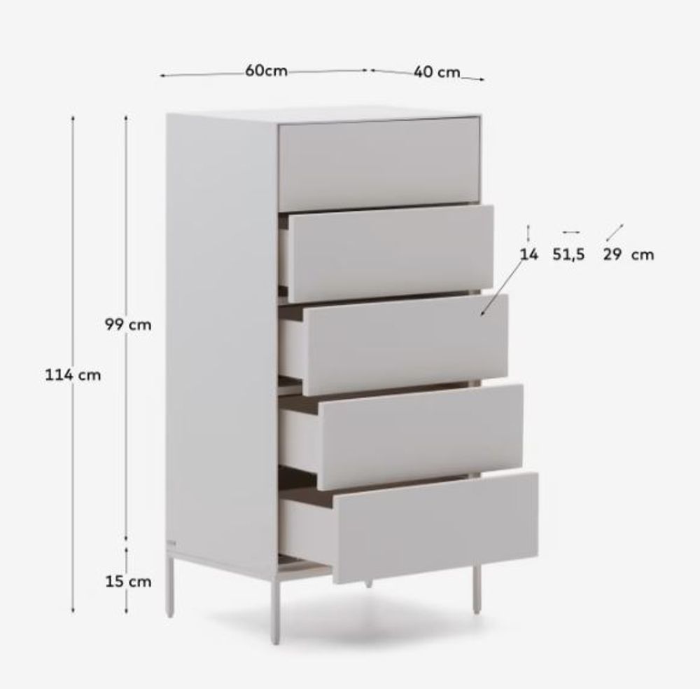 Witte VEDRANA commode met 5 lades, afmetingen 40x40x114 cm.