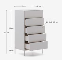 Witte VEDRANA commode met 5 lades, afmetingen 40x40x114 cm.