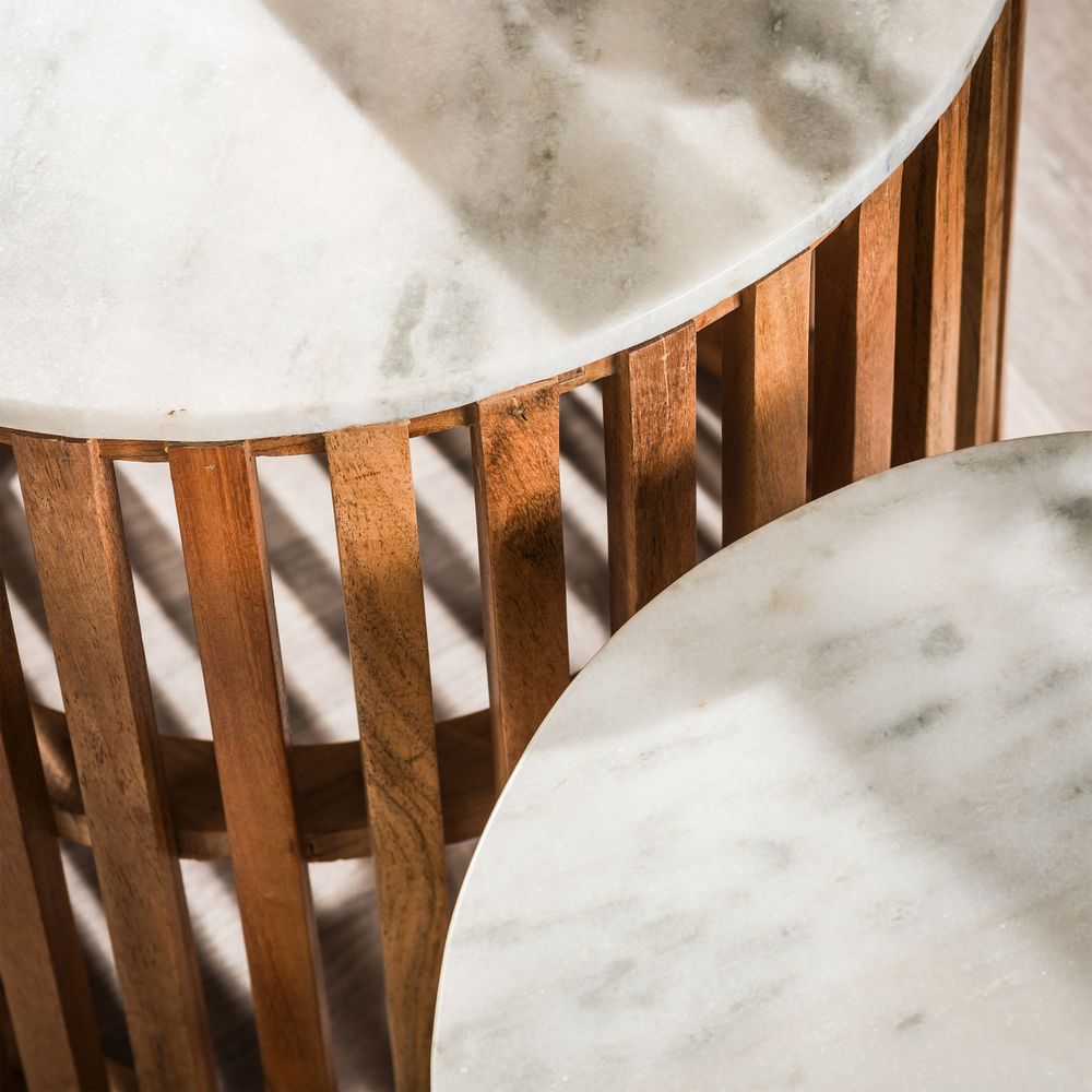 Set 2 bijzettafels SUNSET - Wit marmer / mangohout ZLS 2846-82M