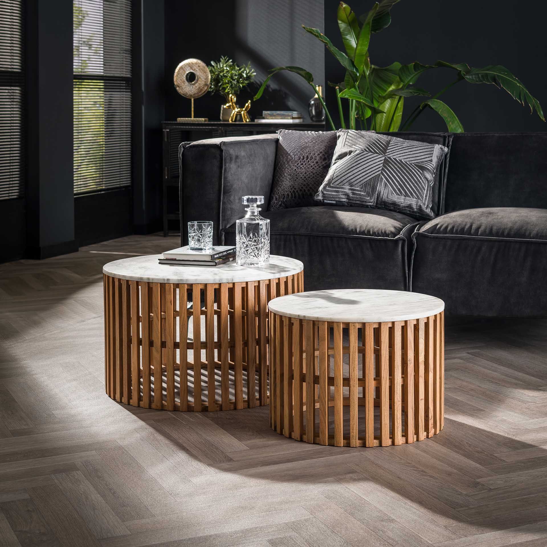 Set 2 salontafels SUNSET - Wit marmer / mangohout