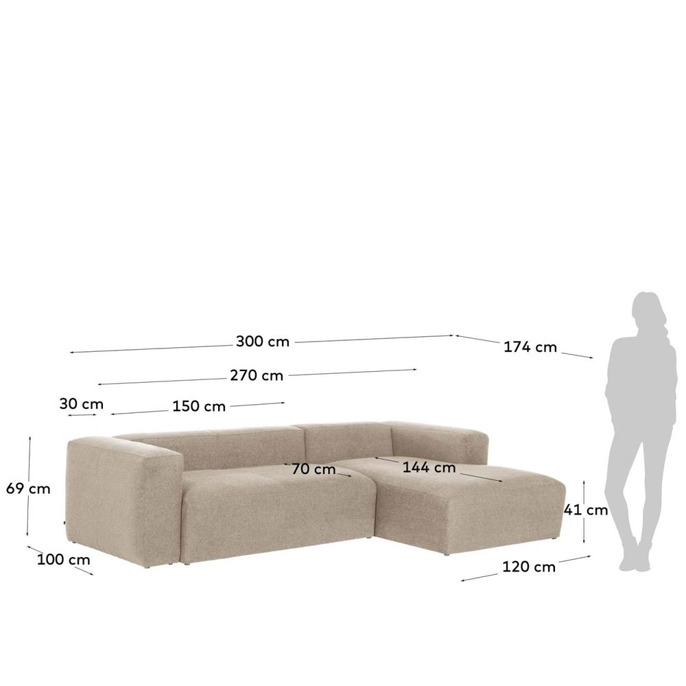 3-zit met chaise longue rechts BLOK - Beige KAV S752GR39