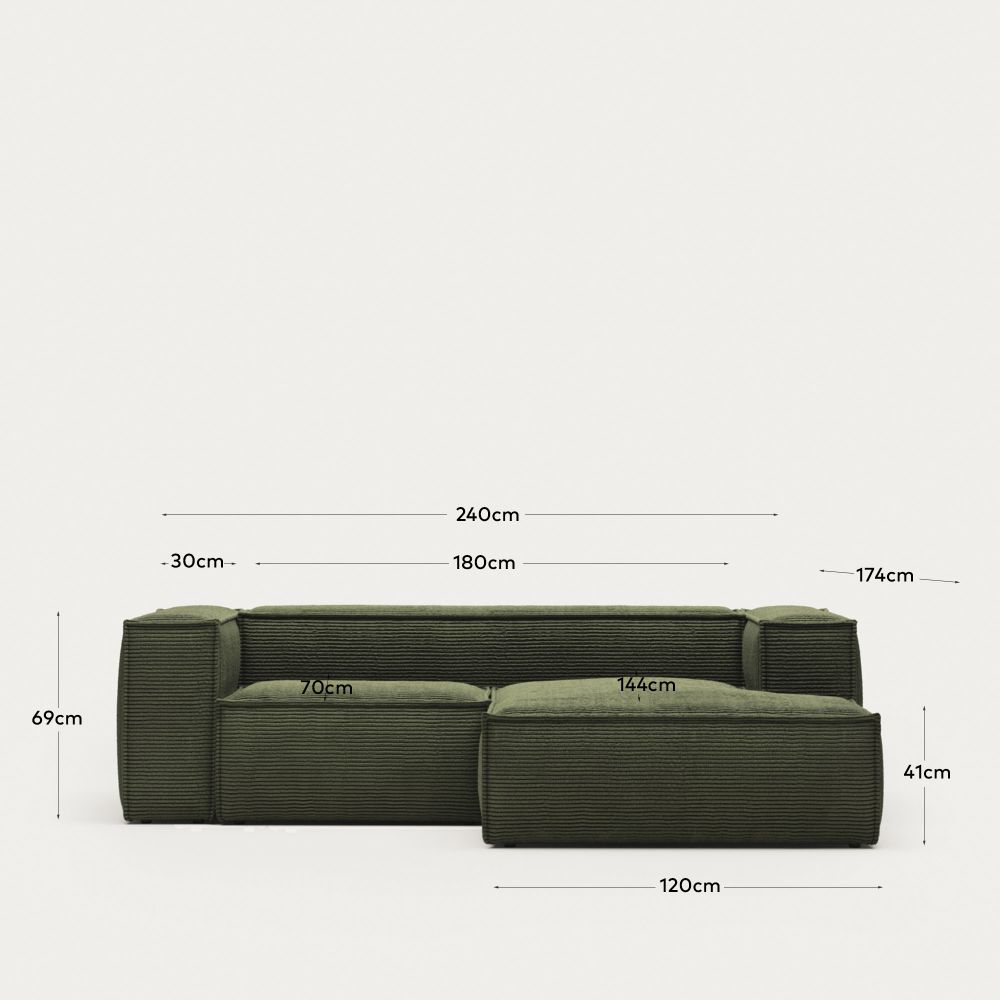2-zit met chaise longue rechts BLOK - Groen cordur KAV S574LN19