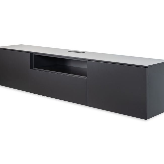 Hangend zwart MDF tv-meubel LIVING met open vak en twee deuren.