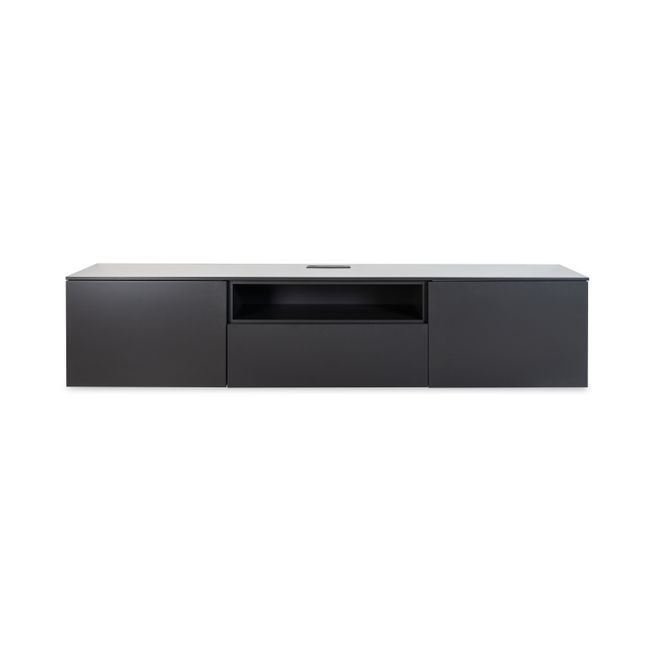 Hangend tv-meubel LIVING, zwart MDF, met opbergvakken, lades en een kabeluitsparing.