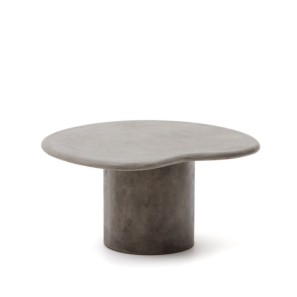 Ronde salontafel van grijs beton op een donkere cilindervormige voet.