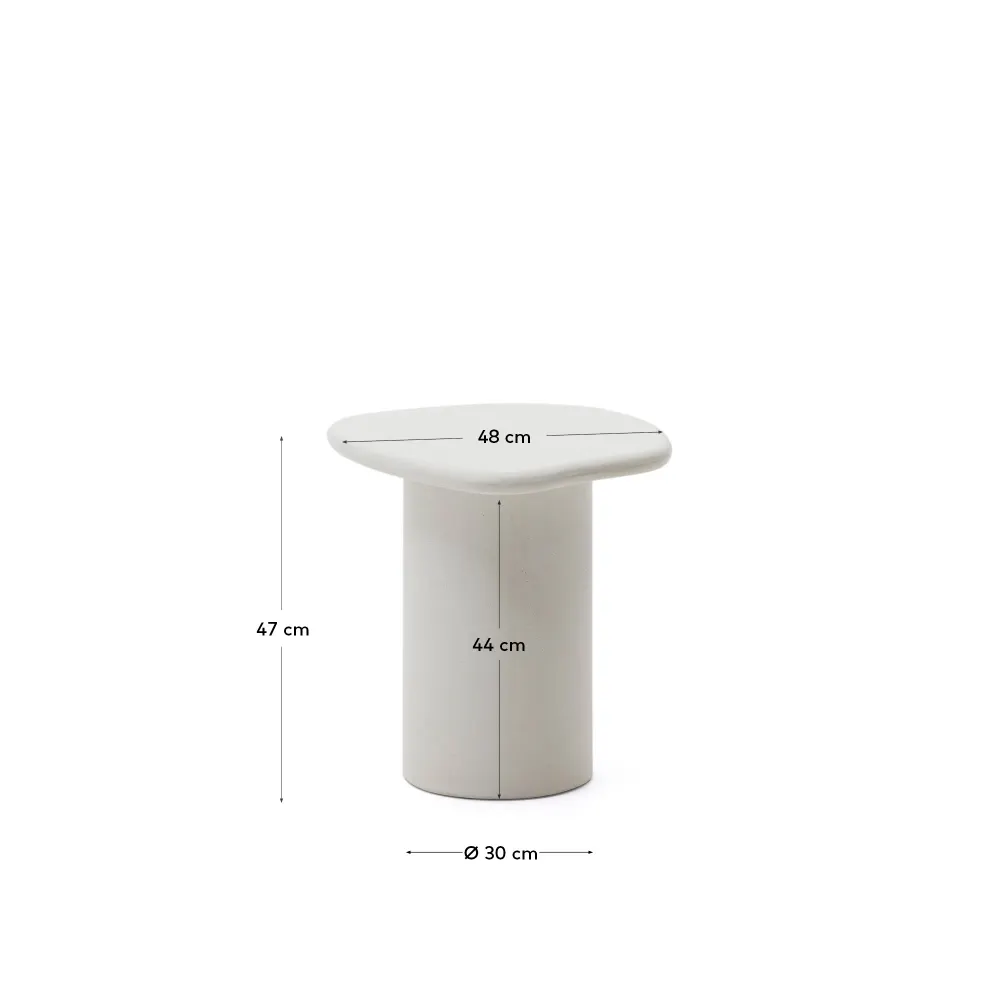 MACARELLA bijzettafel, mosterdgeel cement met afmetingen: 47 cm hoog, blad 48 cm, base Ø30 cm.
