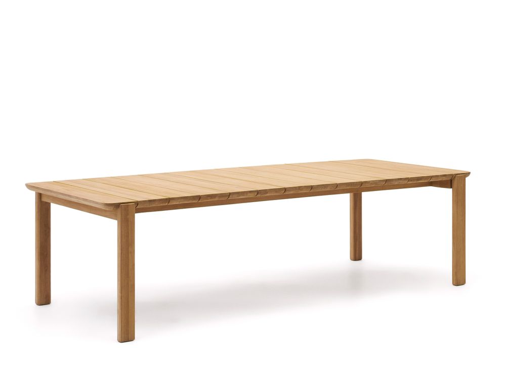Houten tuintafel ICARO, massief teakhout, lichtbruin, met lattenblad, gezien vanuit schuine hoek.