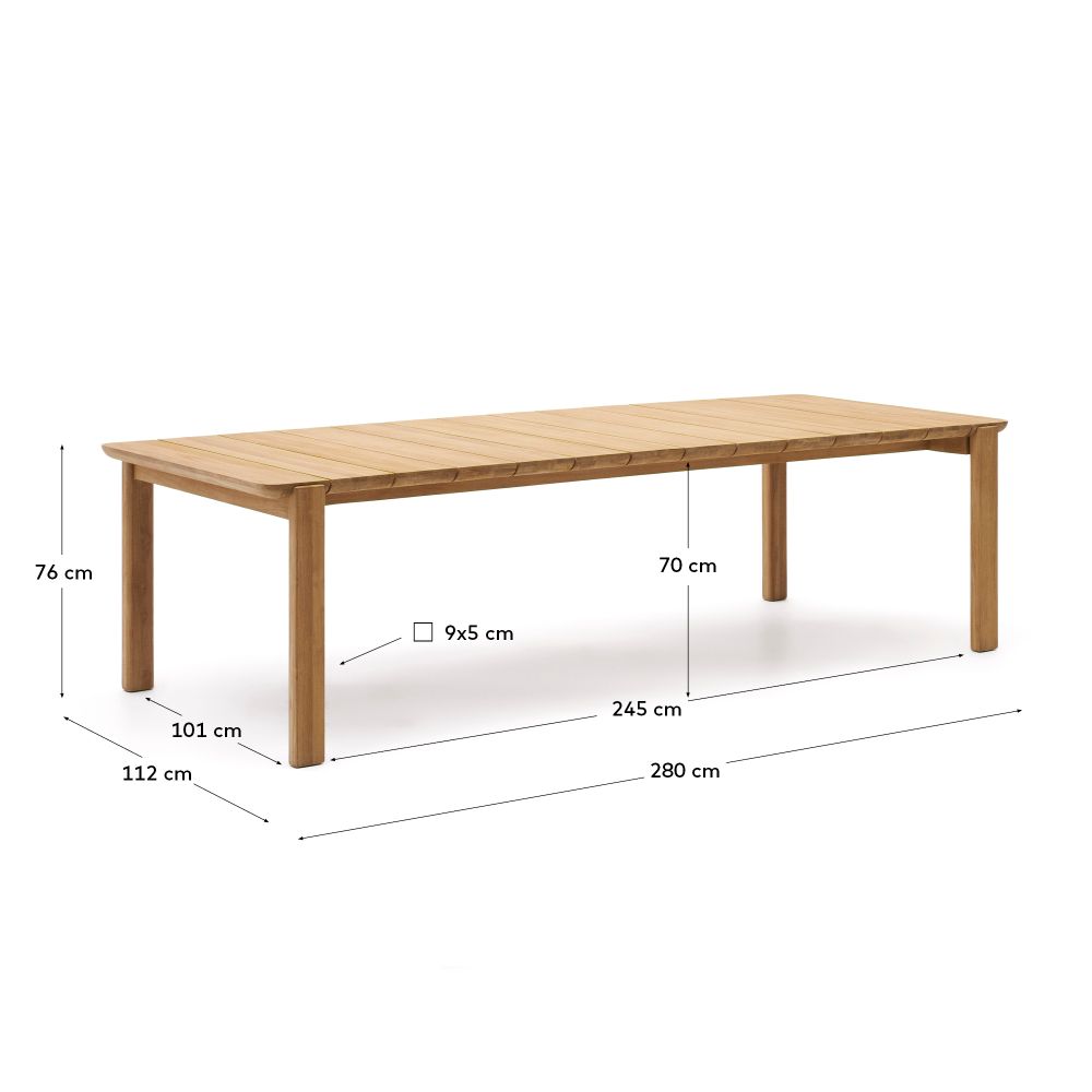 Lange tuintafel ICARO van lichtbruin massief teakhout met afmetingen.