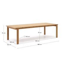 Lange tuintafel ICARO van lichtbruin massief teakhout met afmetingen.