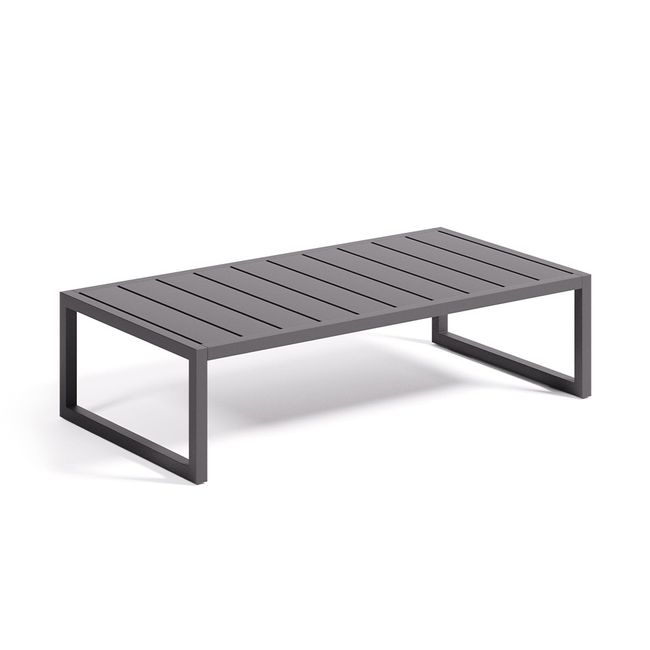 Zwarte COMOVA tuin salontafel van polypropyleen met lattenstructuur bovenzijde.