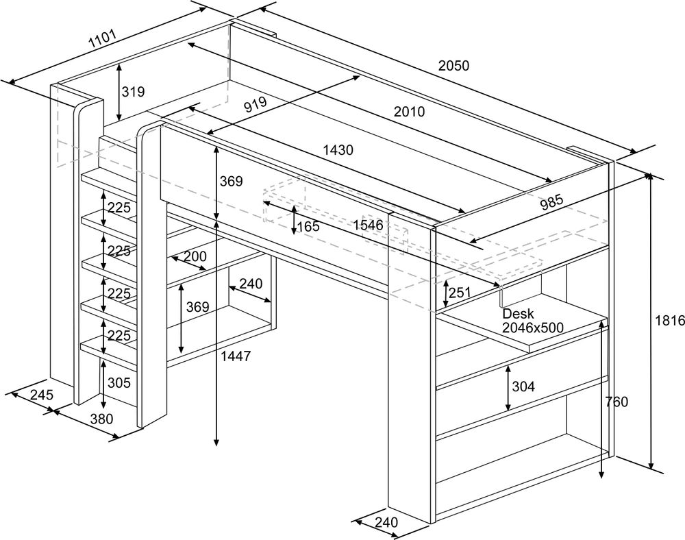 Hoogslaper met bureau THE CUBE - Antraciet TRA-3-000001