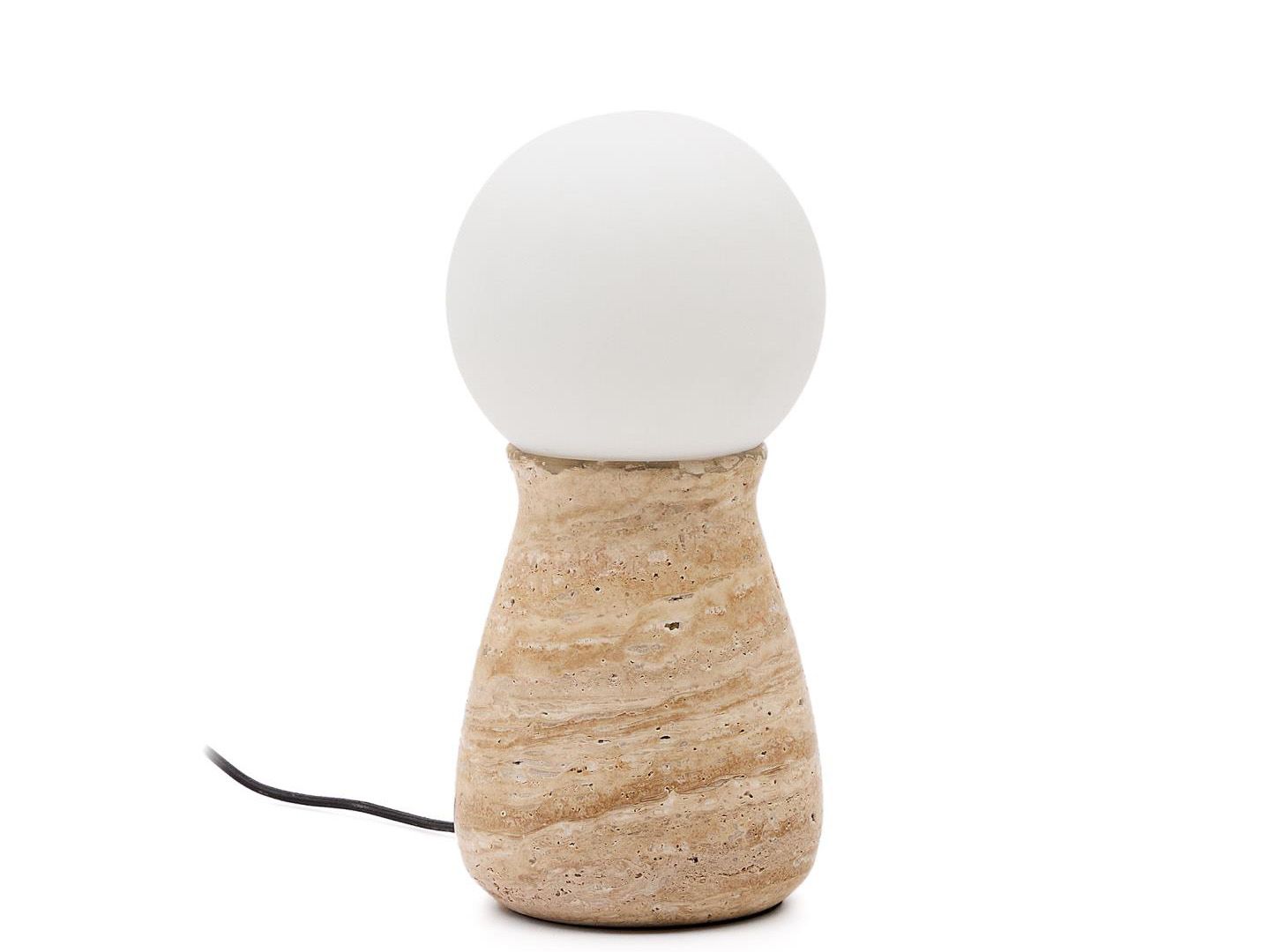 Tafellamp OKENI met witte glazen bol en travertijnen voet.