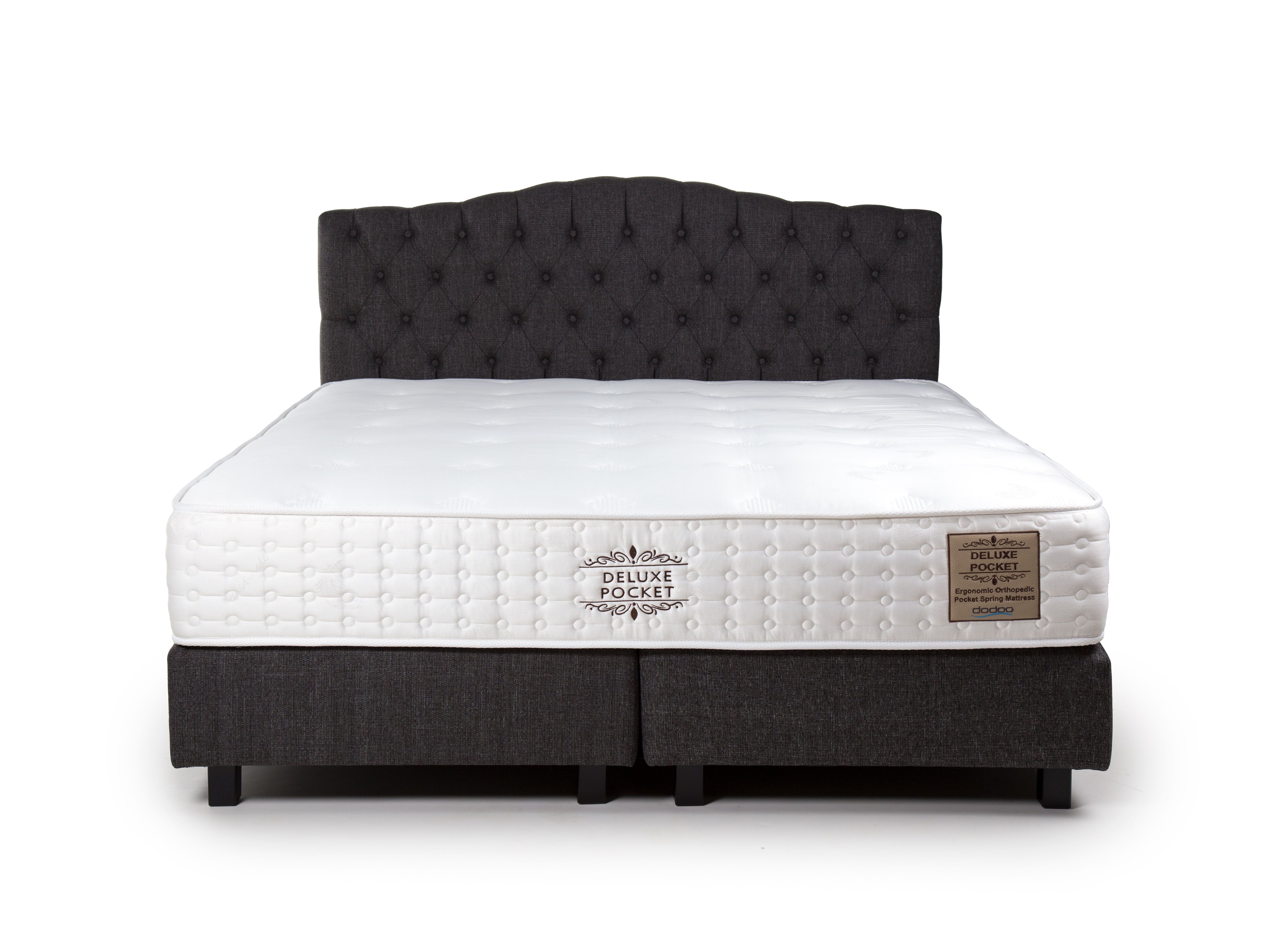 Donkergrijze stoffen boxspring 180 cm met gecapitonneerd hoofdbord, exclusief matras.