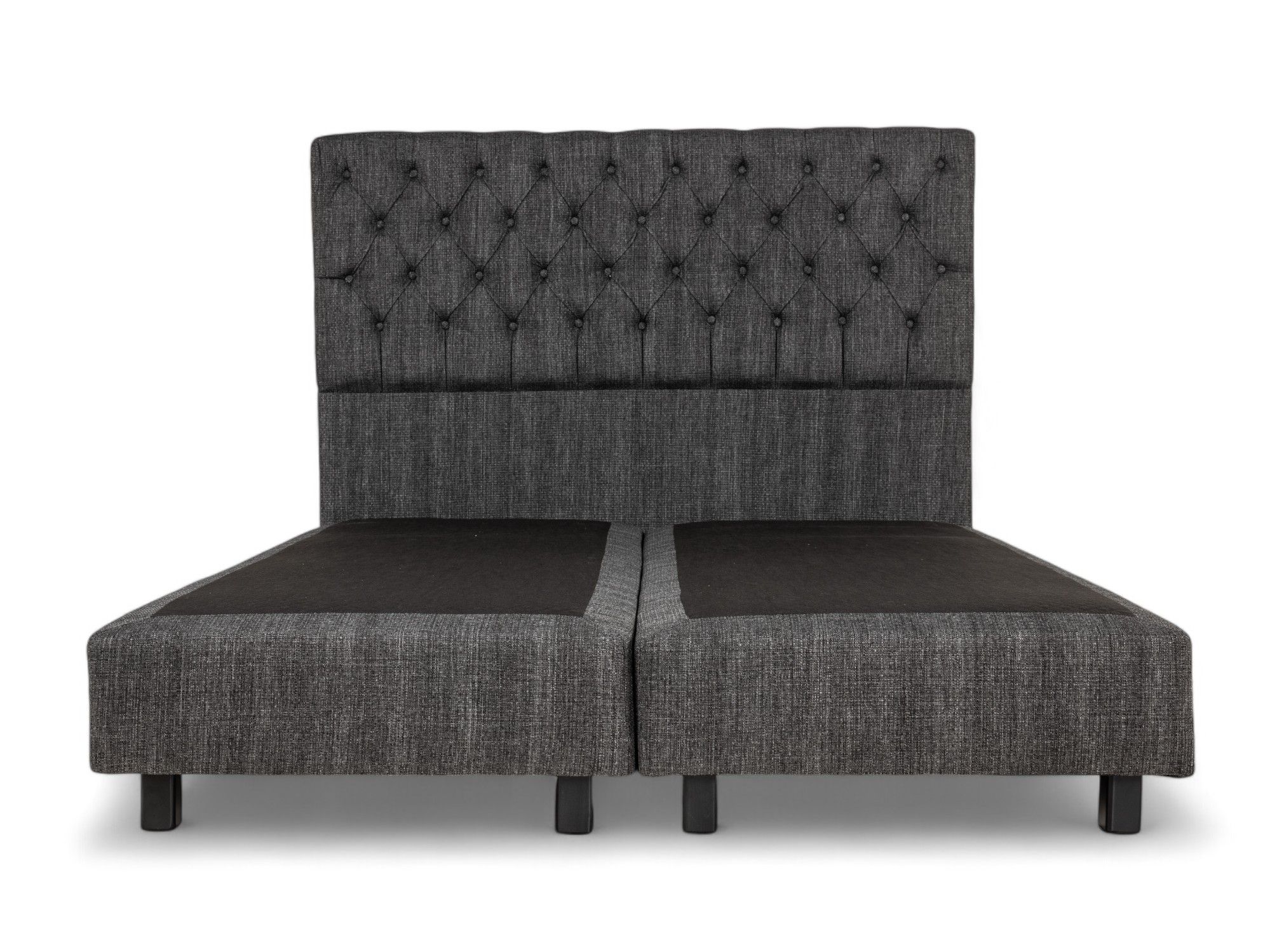 Boxspring DINANT 160 cm met gestoffeerd hoofdbord en bedbodems van donkergrijs textiel.