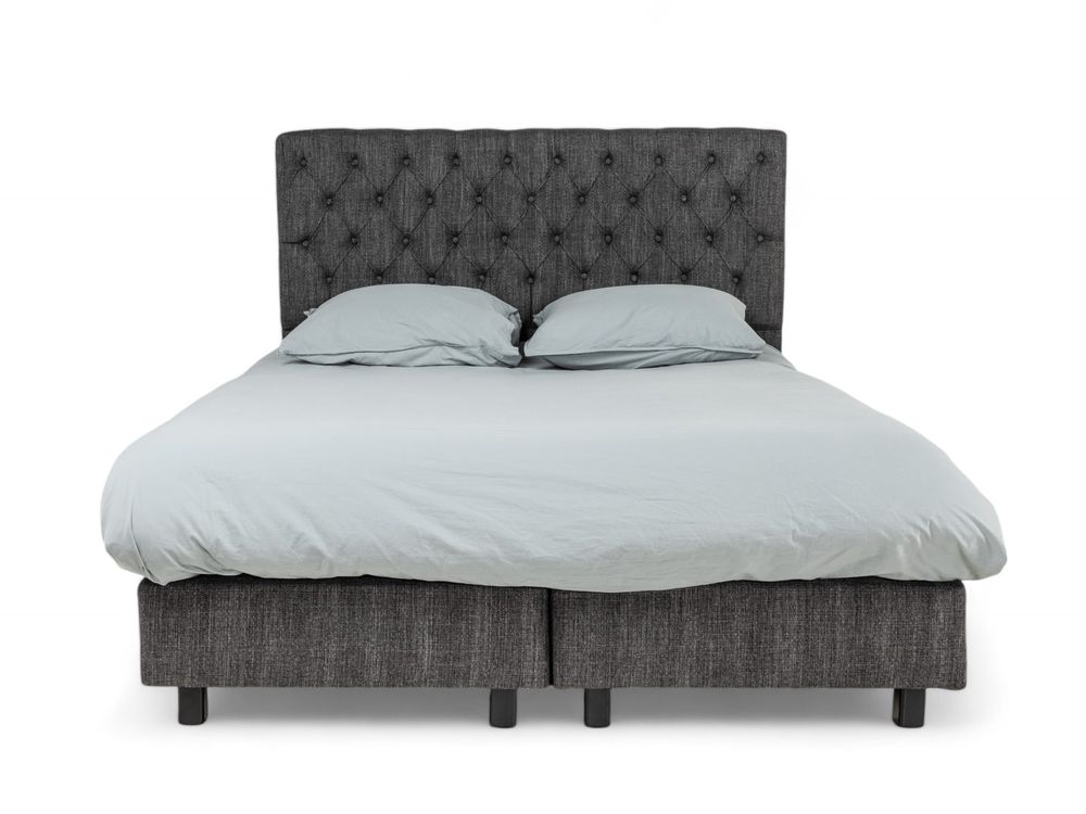 Boxspring 160 cm met gestoffeerd hoofdeinde en grijs linnen bekleding, exclusief matras.