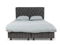 Boxspring 160 cm met gestoffeerd hoofdeinde en grijs linnen bekleding, exclusief matras.