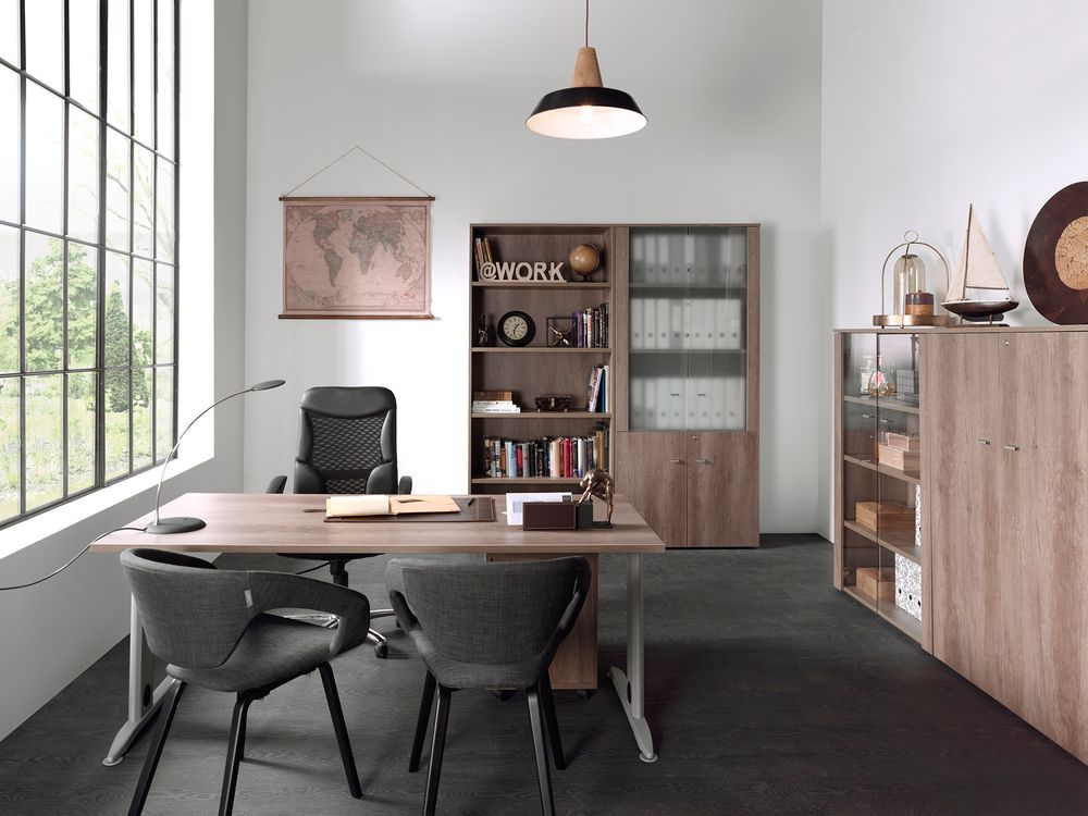 Halfhoge kast ARCHIVOS ARMARIOS - Houten kast met glazen deuren, donkerbruin.
