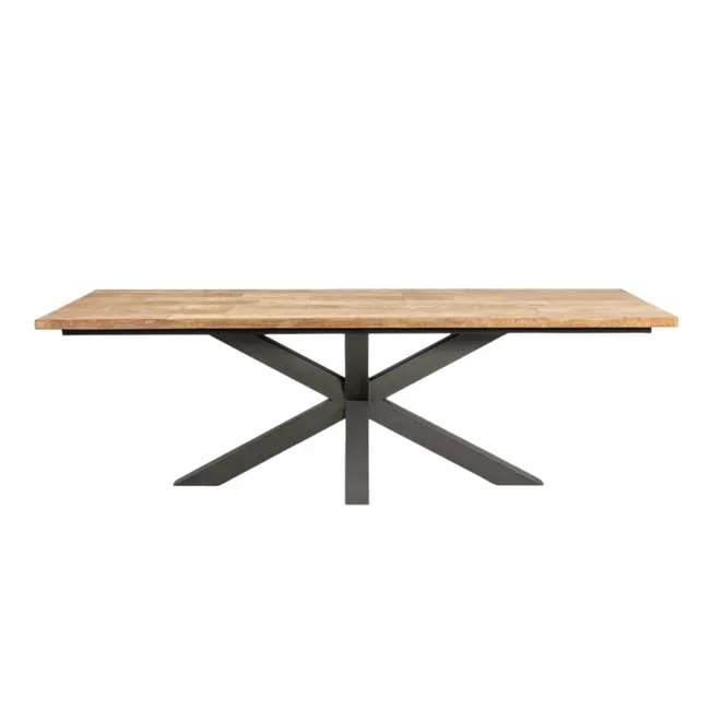 Tafel LIN met natuurlijke teak top en donkergrijze metalen stervormige poten.