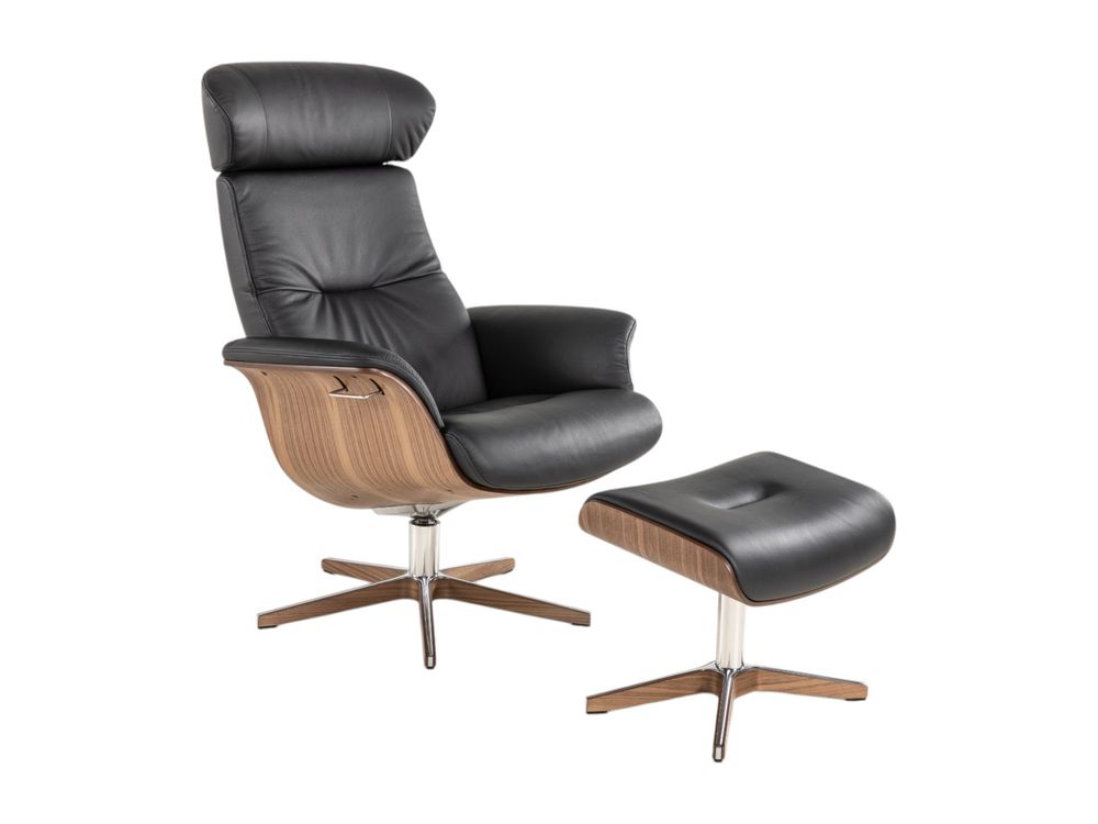 Relaxfauteuil en voetbank TIMEOUT - Zwart leder/Wa C-CFM-16-001-F2514-89