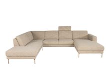Hoekzetel MAX DIEP met slaapfunctie, beige stoffen bekleding en metalen poten.
