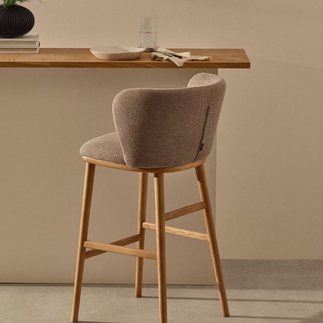 Barstoel CISELIA - Lichtbruin Chenille / Essenhout