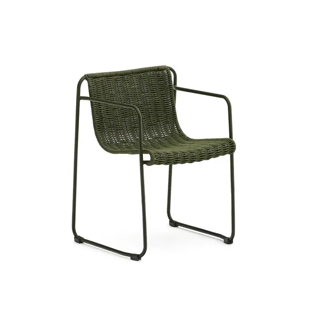 Tuinstoel MAURINA met donkergroen metalen frame en gevlochten zitting en rugleuning.