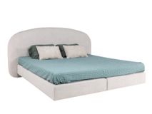 Boxspring ASPEN met beige teddy bekleding en een mintgroen dekbed.