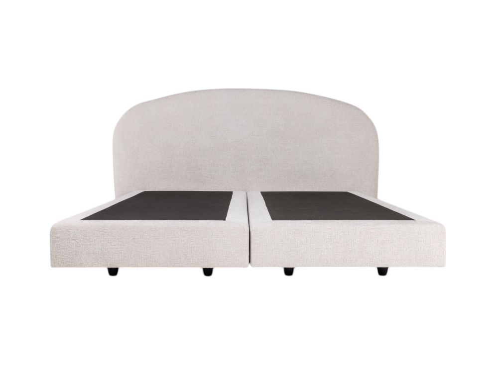 Boxspring Aspen beige, gestoffeerd met geweven stof, met afgerond hoofdbord.