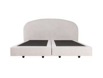 Boxspring Aspen beige, gestoffeerd met geweven stof, met afgerond hoofdbord.