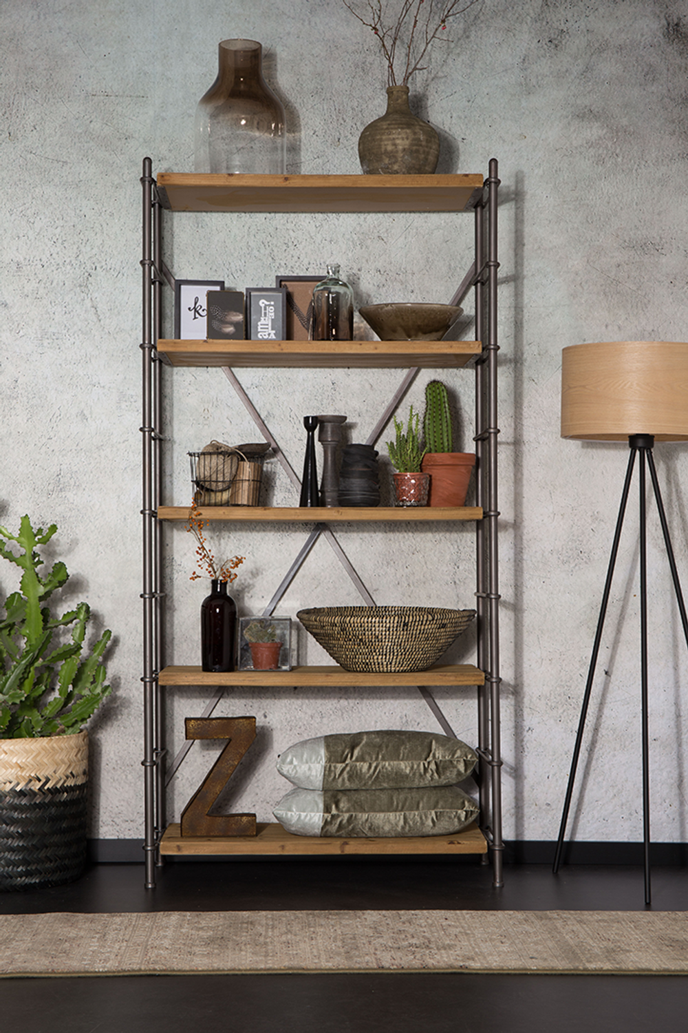 Chic Antique Wandrek, 5 haken, metaal/hout, industrieel vintage loft