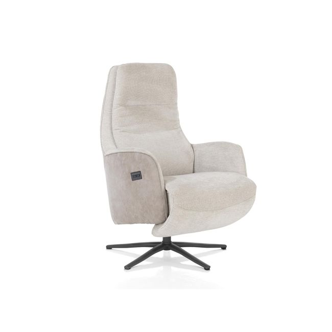 Elektrische relaxfauteuil Felino in lichtgrijze stof met kiezelkleurig kunstleer en zwart onderstel.