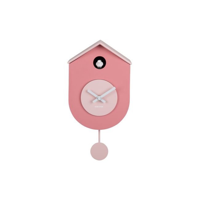 Roze koekoeksklok met witte wijzerplaat en slingerbol.
