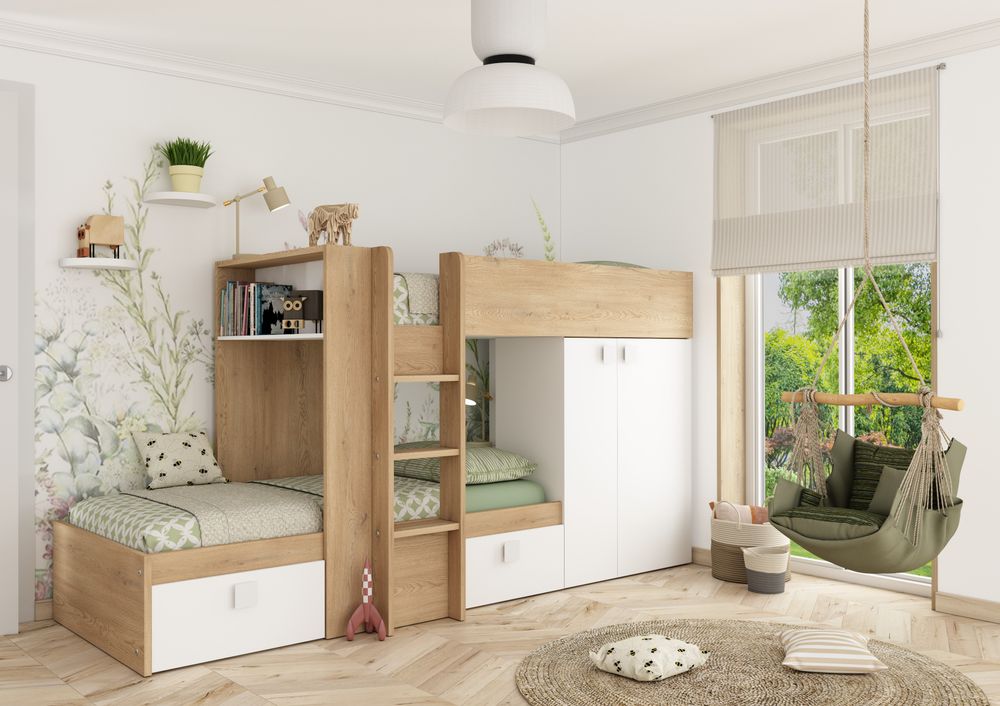 Stapelbed Maxim in eik en wit met ingebouwde kledingkast, open vakken en opberglades voor een praktische kinderkamer.